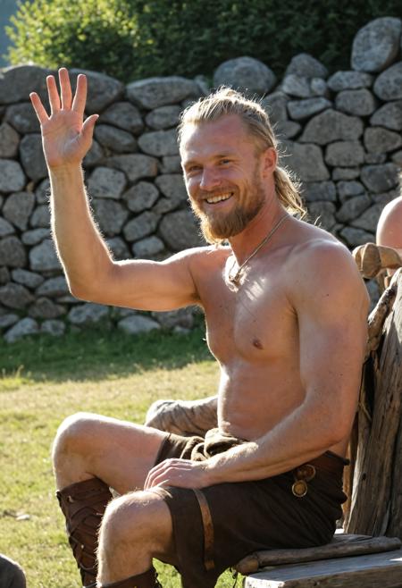 00161-a photograph of highest quality a man is sitting and waving to a friend of screen, open hand, Nordic Viking, photograph, 100mm,.png